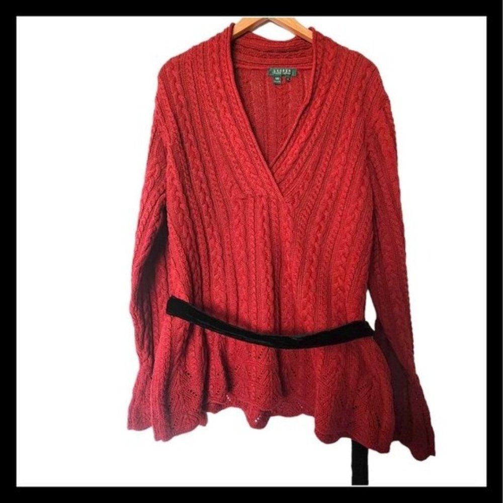 Lauren Ralph Lauren Women's Red Cable Knit V‎ Neck Pullover Sweater Plus Size 2X